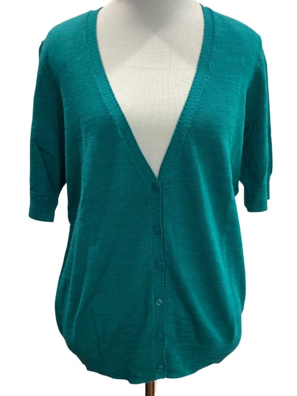Caslon Button Up Knit Cardigan PXL Teal Short Sleeves Coastal Grandma Twee Retro